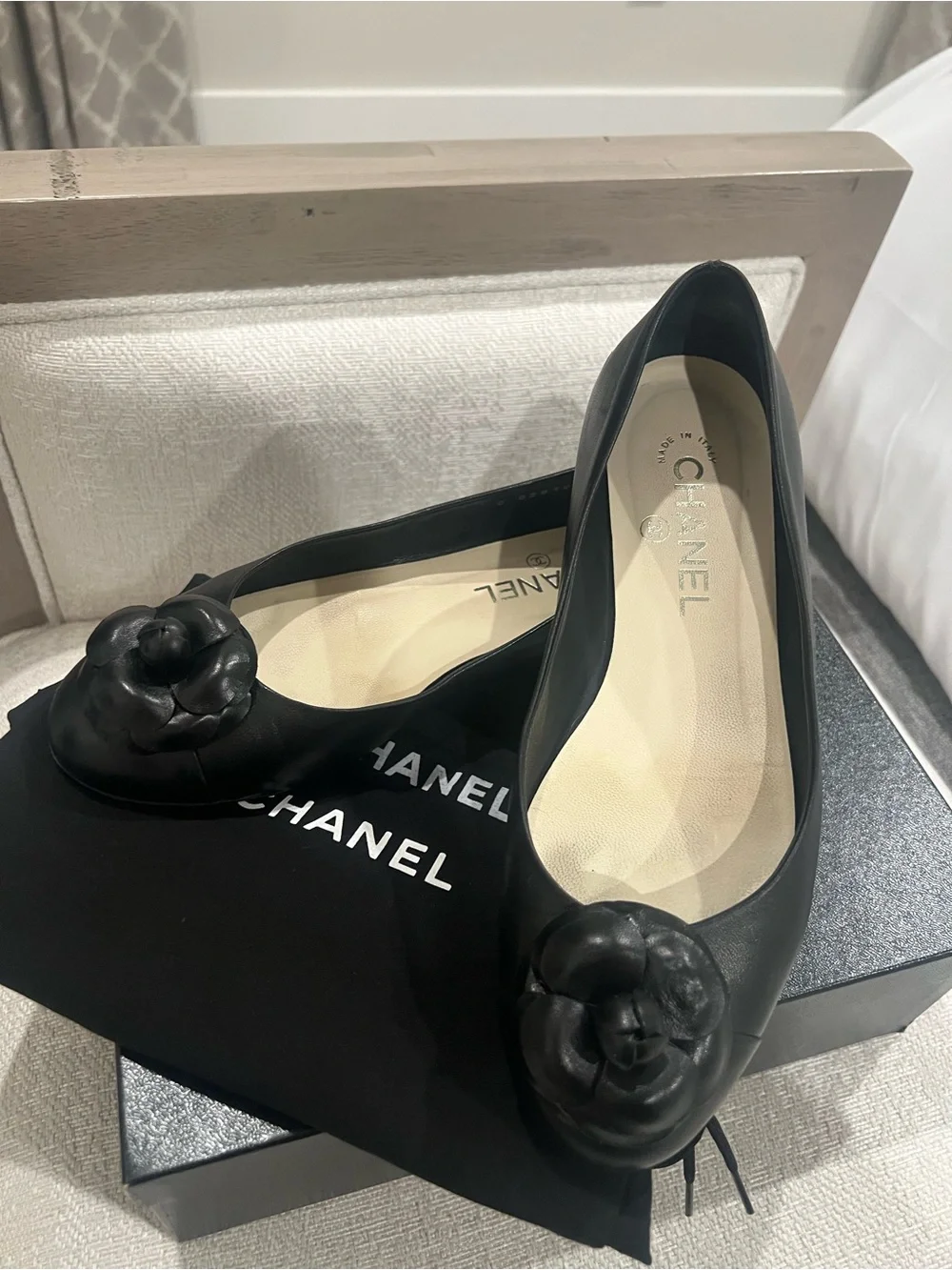 CHANEL Black Leather Camellia Round-Toe Flats